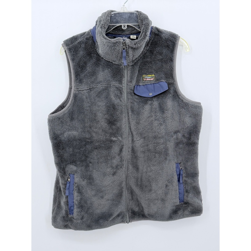 LL Bean Fleece Vest Women XL Gray Full Zip Hi-Pile Sherpa Mock Neck Pockets